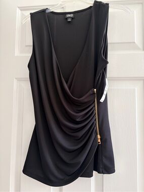 INC International Concepts Black Sleeveless Draped Top with Gold Zip